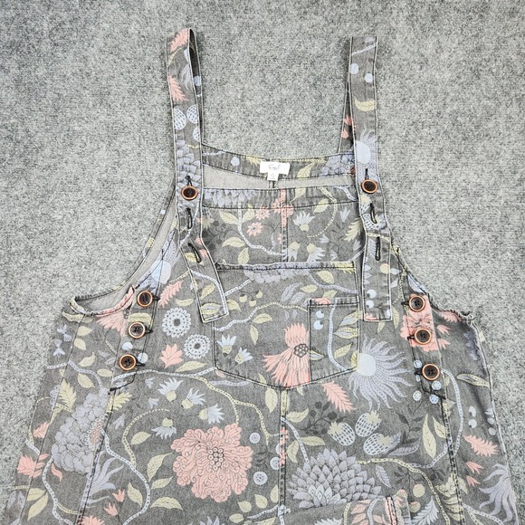 Easel Overalls Womens Large Gray Floral Denim Cropped Wide Leg Boho Casual - Picture 2 of 12